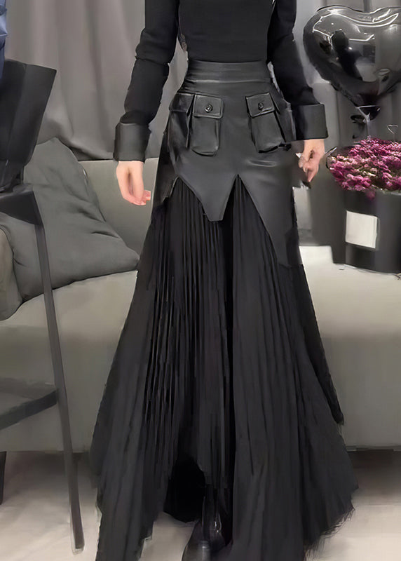 Black Pu Patchwork Wrinkled a Line Skirt Summer