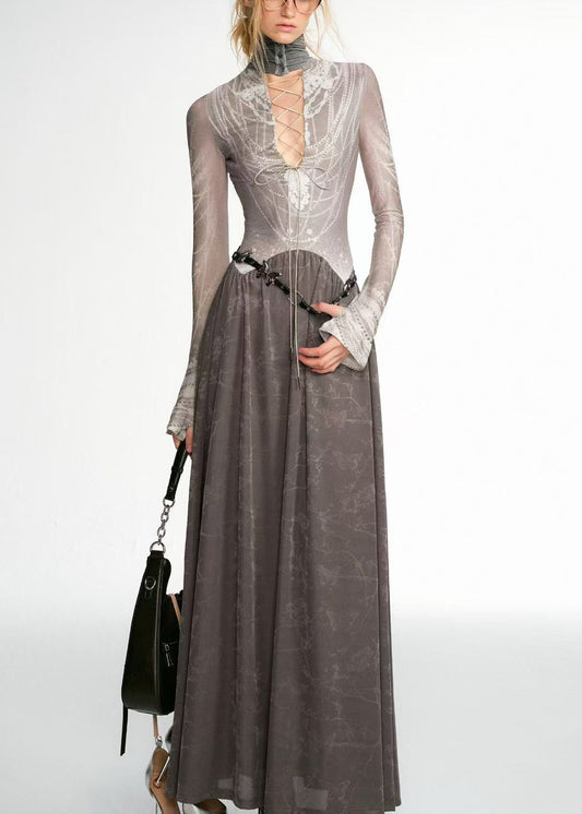 Italian Grey Lace Up Wear on Both Sides Patchwork Cotton Long Dress Fall