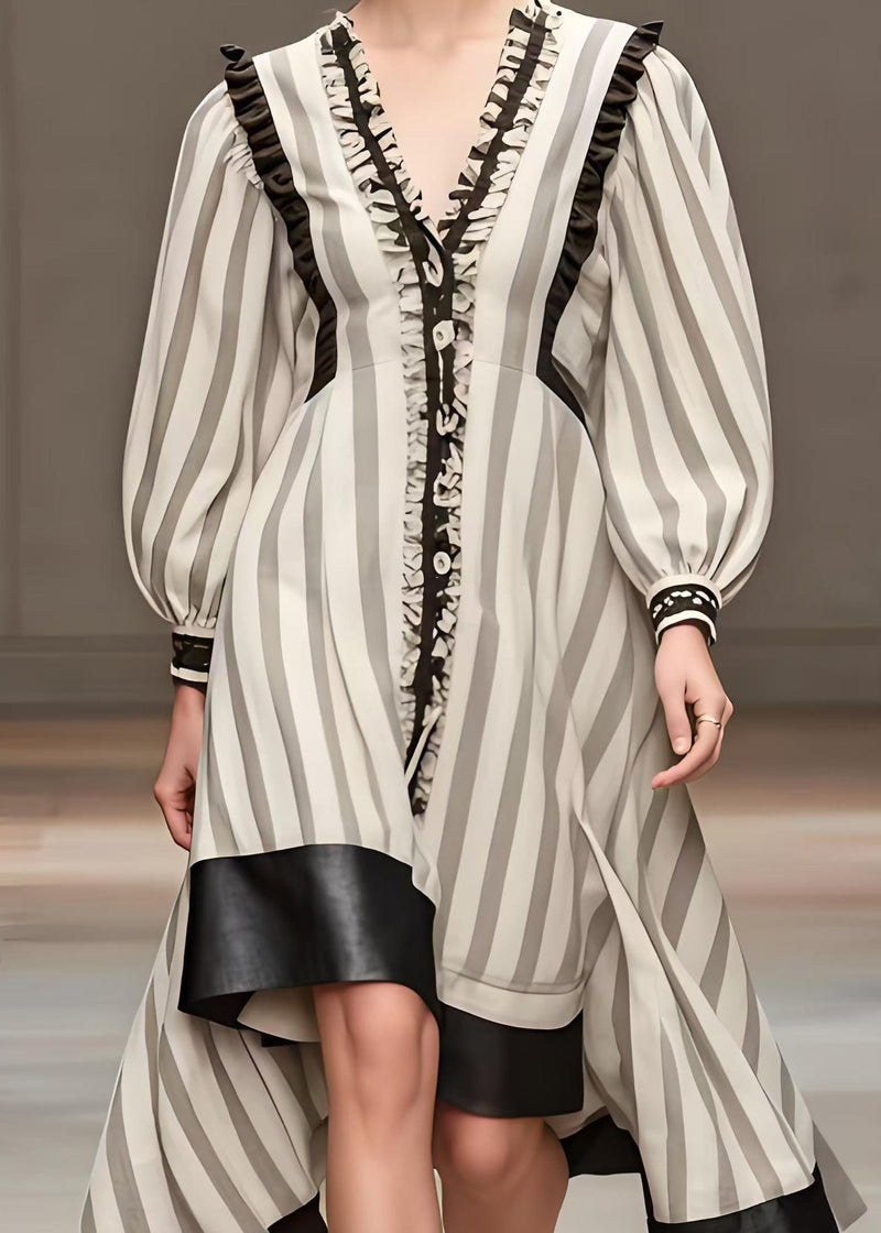 White Ruffled Patchwork Striped Cotton Dress Spring (ships in 15 Business Days)