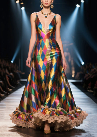 Colorblock Ruffled Patchwork Plaid Silk Evening Dress Summer