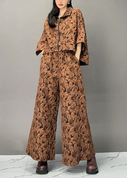 Chocolate Print Zippered Top and Wide Leg Pants Two Piece Set Fall