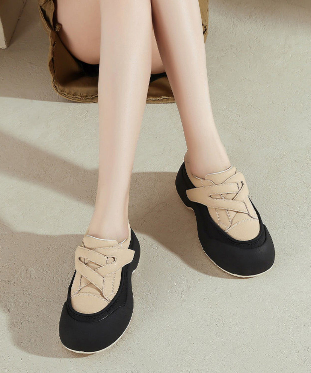 Beige Platform Faux Leather Splicing Flat Shoes