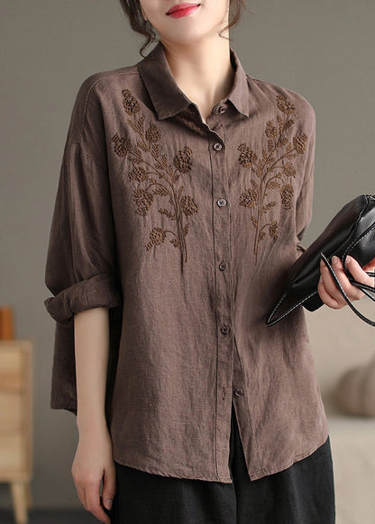 Yellow Peter Pan Collar Embroidered Button Cotton Blouse Spring
