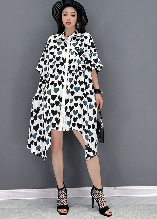 French Grey Peter Pan Collar Asymmetrical Design Heart-shaped Print Chiffon Shirt Dress Short Sleeve