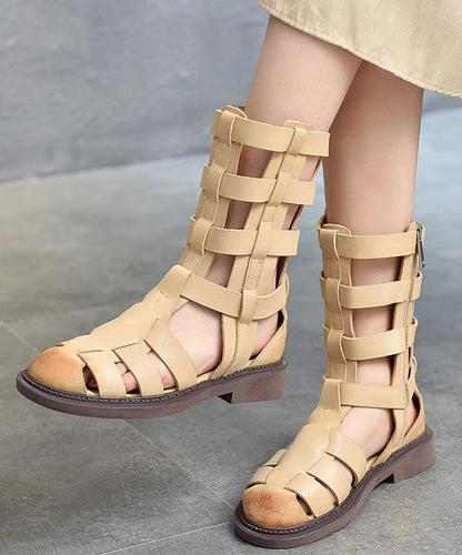 Beige Cowhide Leather Splicing Cross Strap Boots
