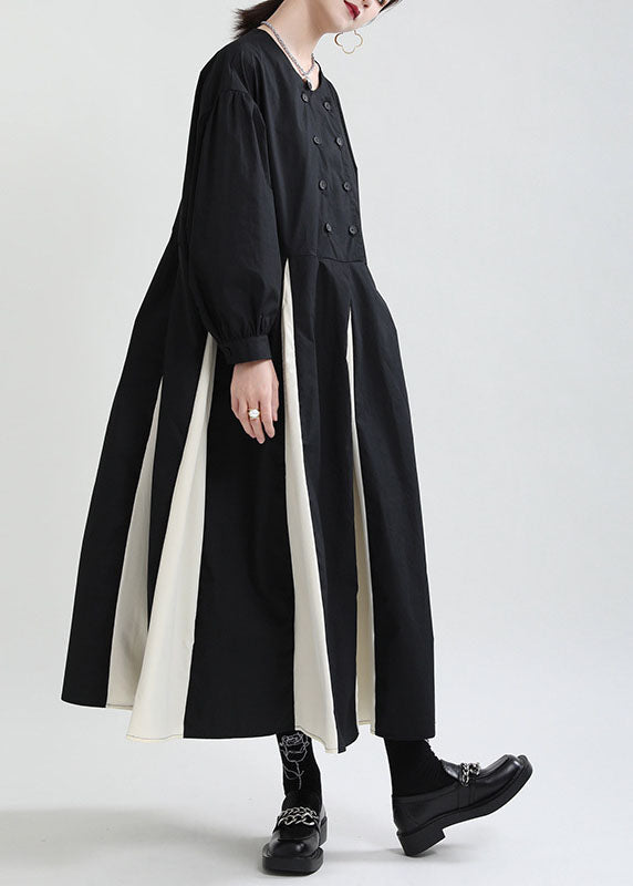Black White Patchwork Exra Large Hem Cotton Shirt Dresses Puff Sleeve