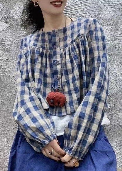 Blue O Neck Plaid Cotton Shirt Top Long Sleeve Fall