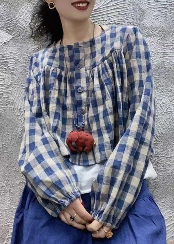 Blue O Neck Plaid Cotton Shirt Top Long Sleeve Fall