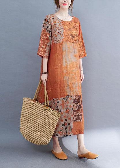 Purple Block Loose O-neck Print Summer Side Open Dress Half Sleeve