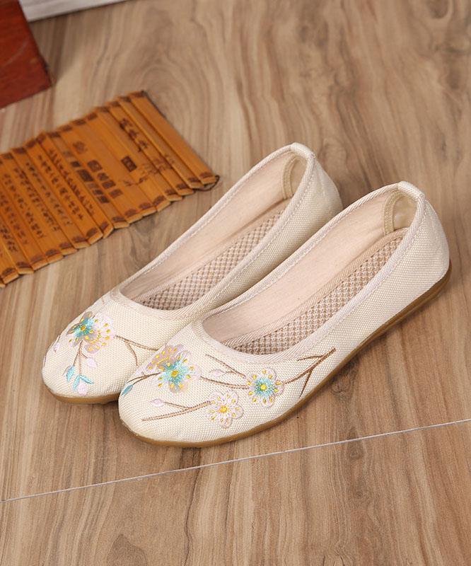 Art Splicing Flat Shoes for Beige Embroideried Cotton Linen Fabric
