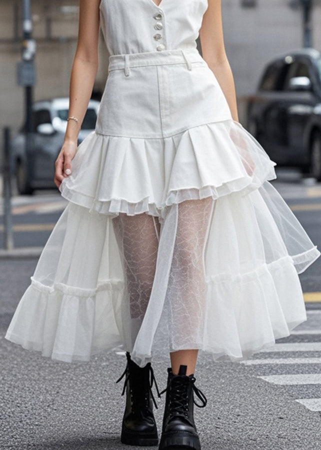 White V Neck Tulle Patchwork Denim Dress Summer