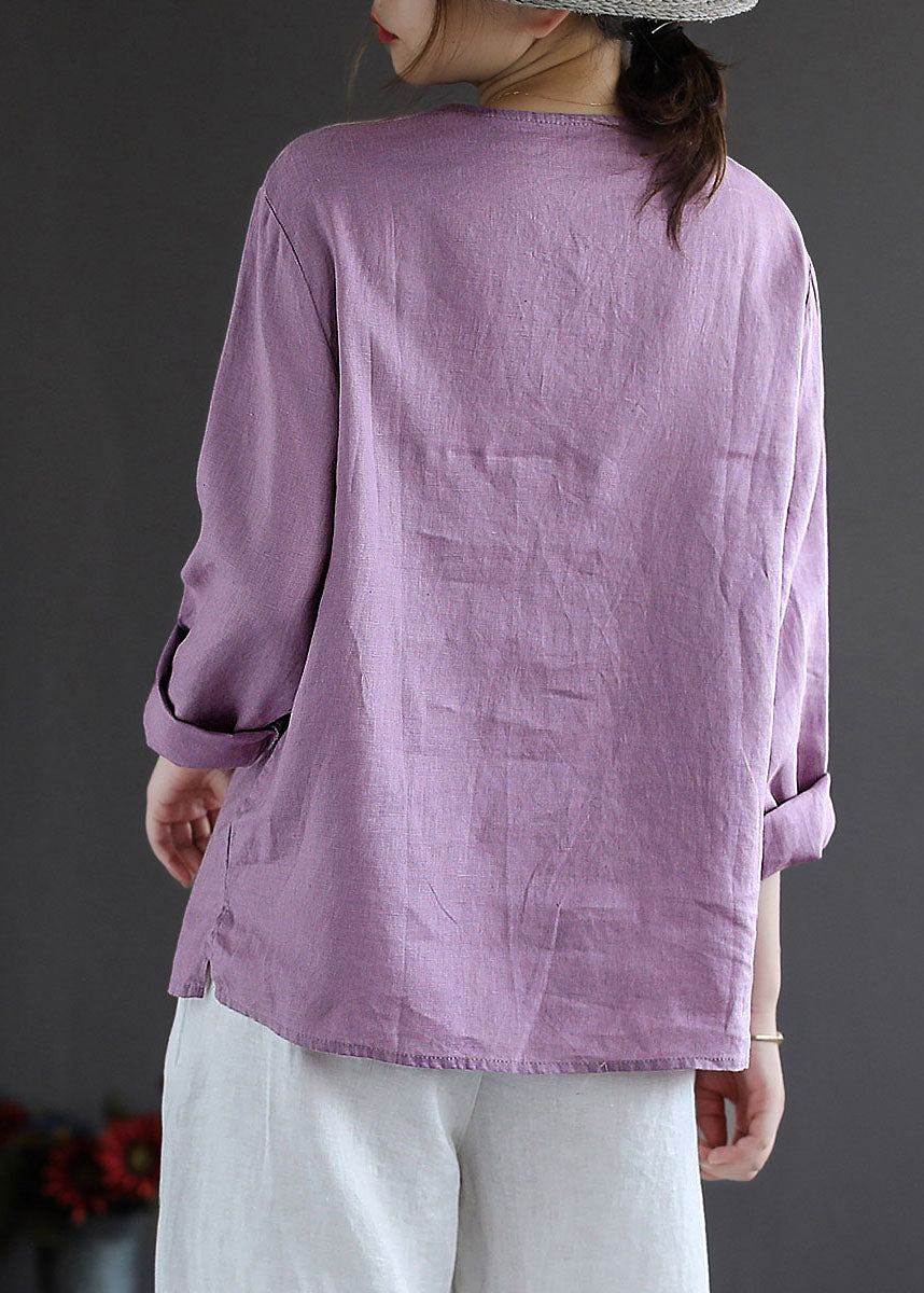 Purple Button O-neck Linen Tops Long Sleeve