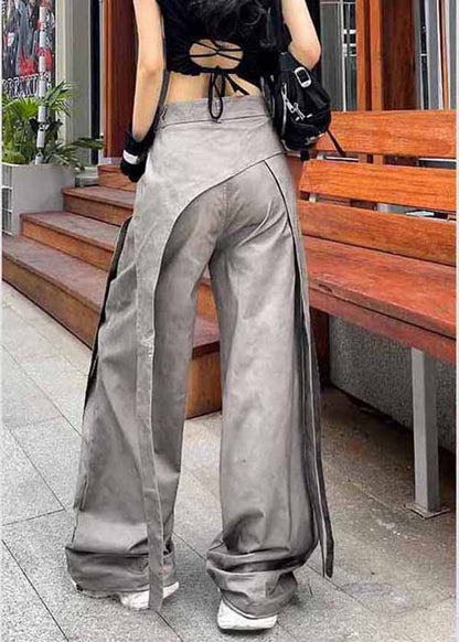 Grey Asymmetrical Pockets Patchwork Cotton Pants Spring