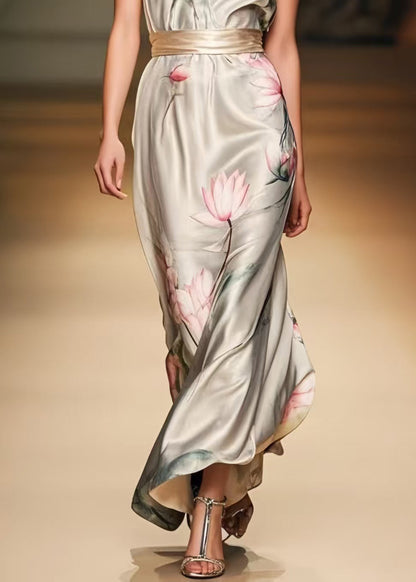 Apricot Cinched Print Silk Party Dress Summer