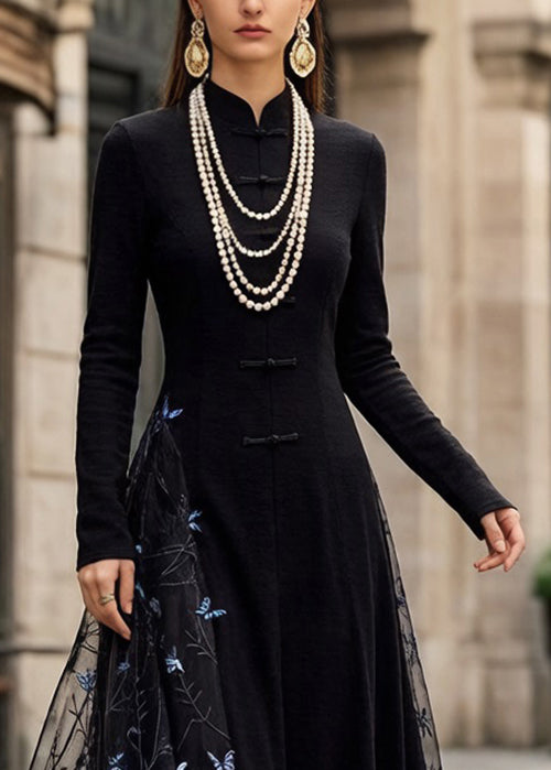 Slim Fit Black Chinese Button Butterfly Tulle Patchwork Long Dresses Spring