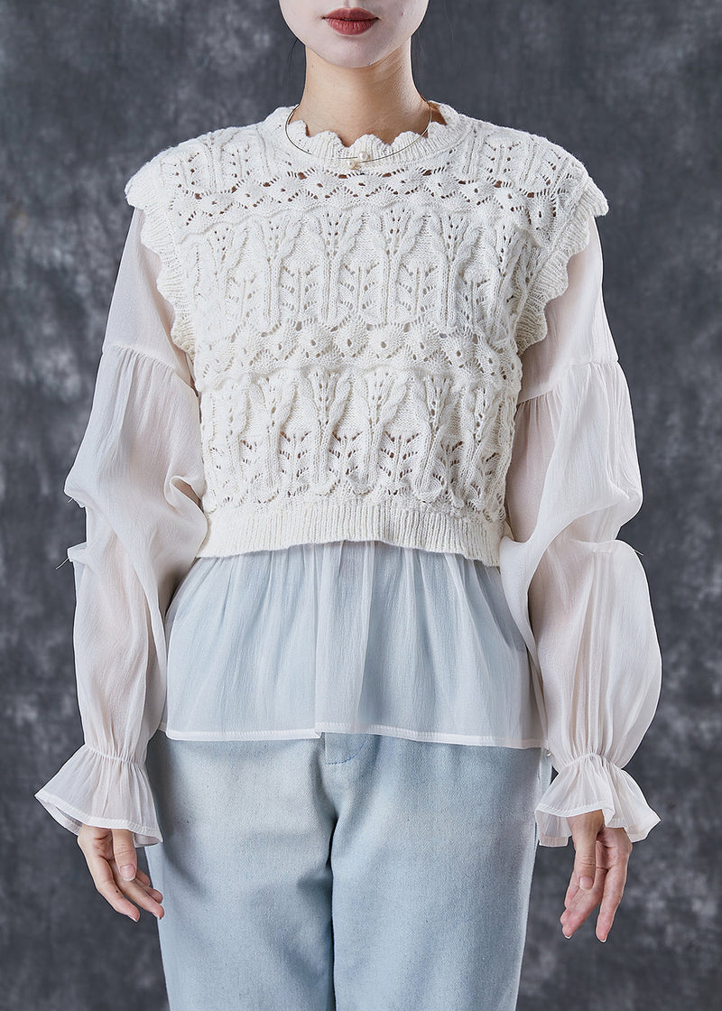 Apricot Patchwork Knit Tops Lantern Sleeve