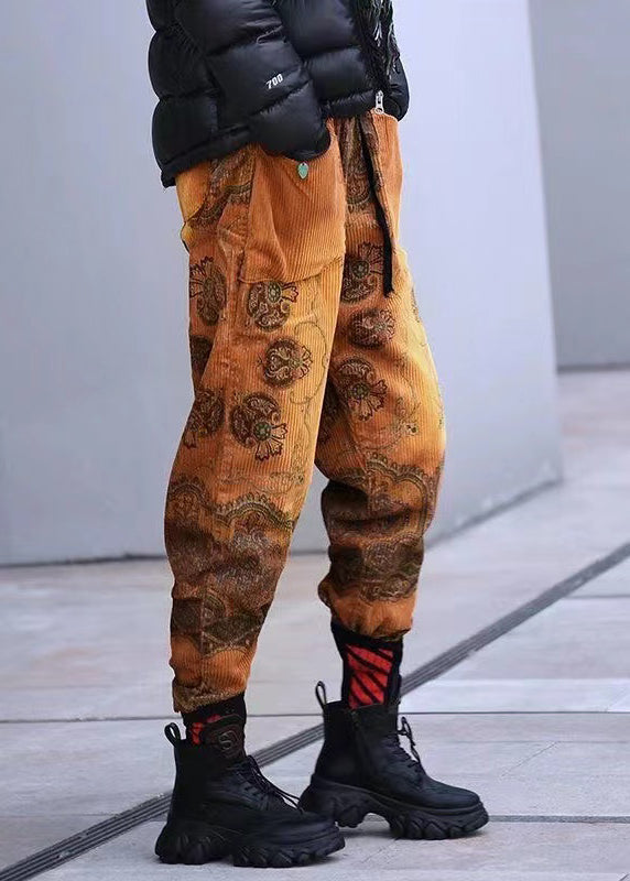 Yellow Pockets Print Elastic Waist Corduroy Pants Spring