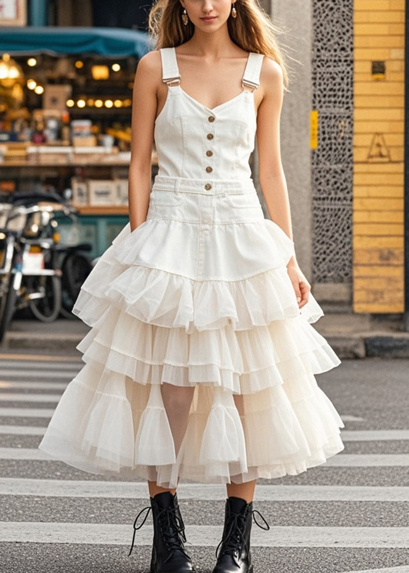 White Layered Tulle Patchwork Denim Dress Summer (ships in 15 Days)