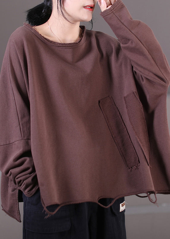 Chocolate O-neck Side Open Sweatshirt Fall