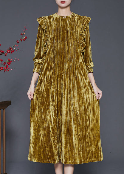 Green Ruffled Wrinkled Silk Velour Holiday Dress Spring