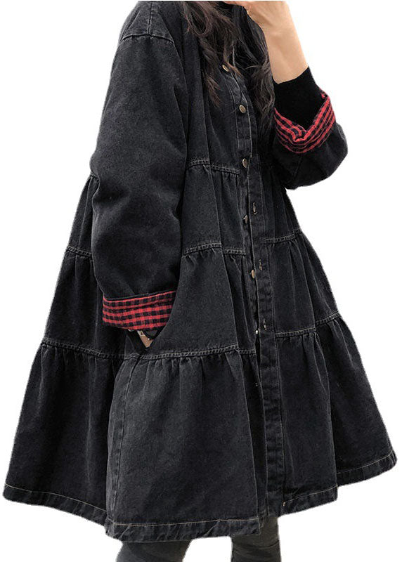 Black Loose Button Patchwork Fall Trench Coats Dress