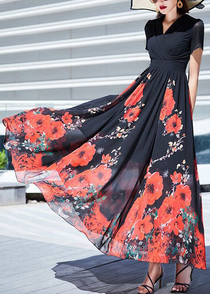Black V Neck Print Wrinkled Chiffon Long Dresses Summer