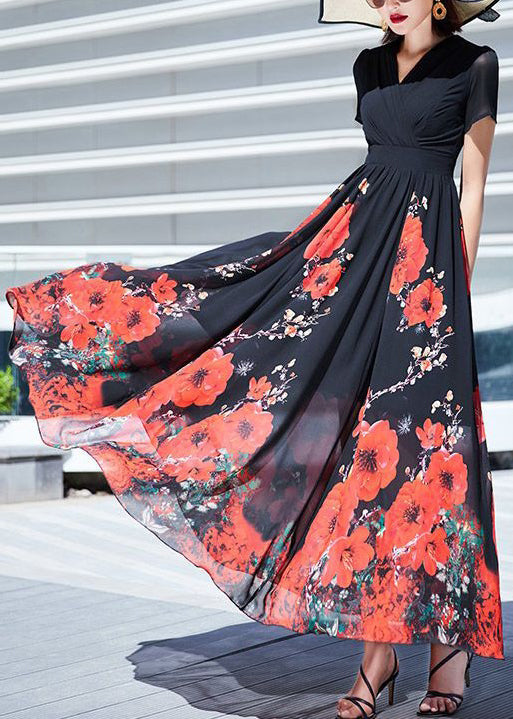 Black V Neck Print Wrinkled Chiffon Long Dresses Summer