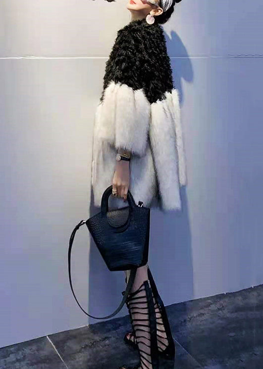 Black V Neck Teddy Faux Fur Patchwork Wool Coats Spring