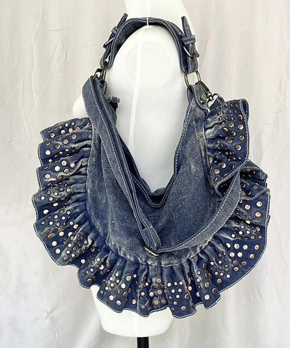 European and American Large Capacity Ruffled Rivet Denim Shoulder Bag
