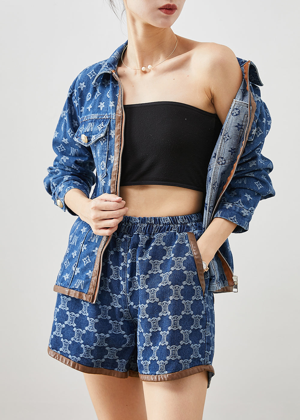 Navy Oversized Print Denim Two Piece Suit Set Fall