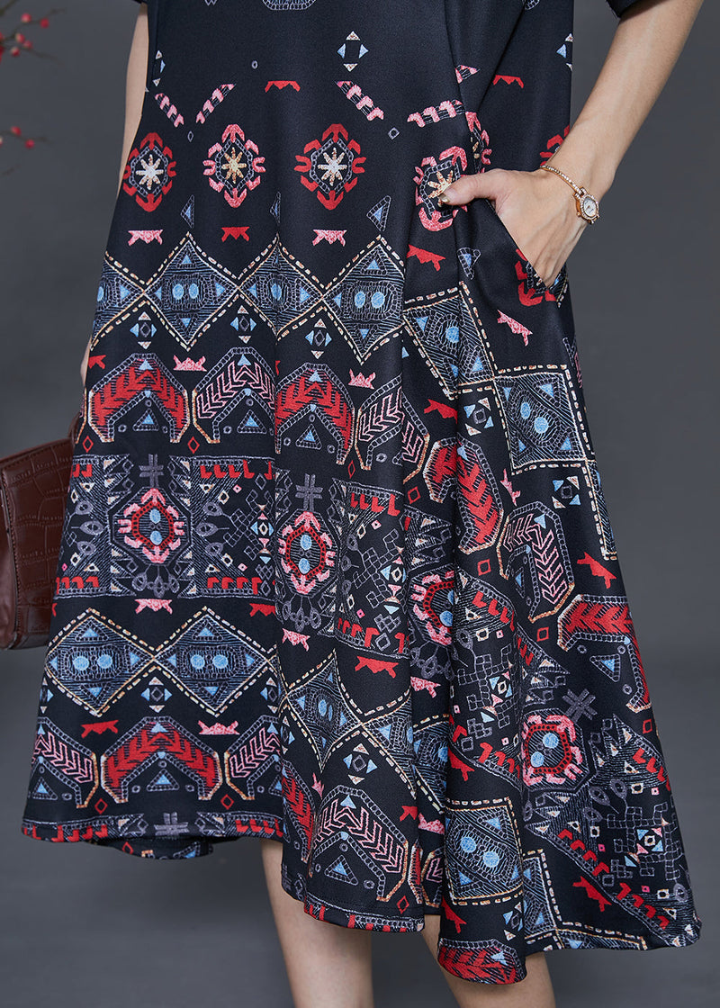 Black Print Exra Large Hem Silk Dresses Summer