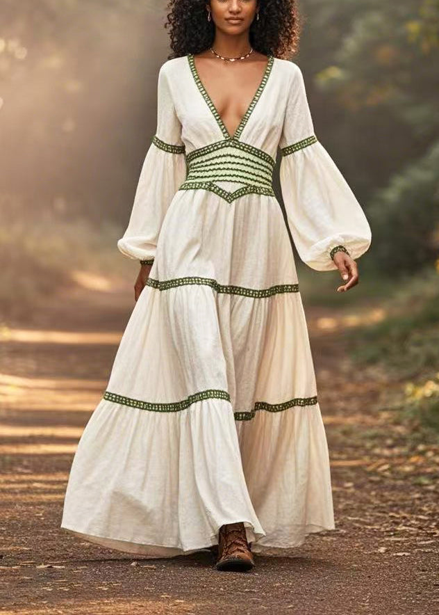 White Cinched Patchwork Cotton Long Dresses Lantern Sleeve