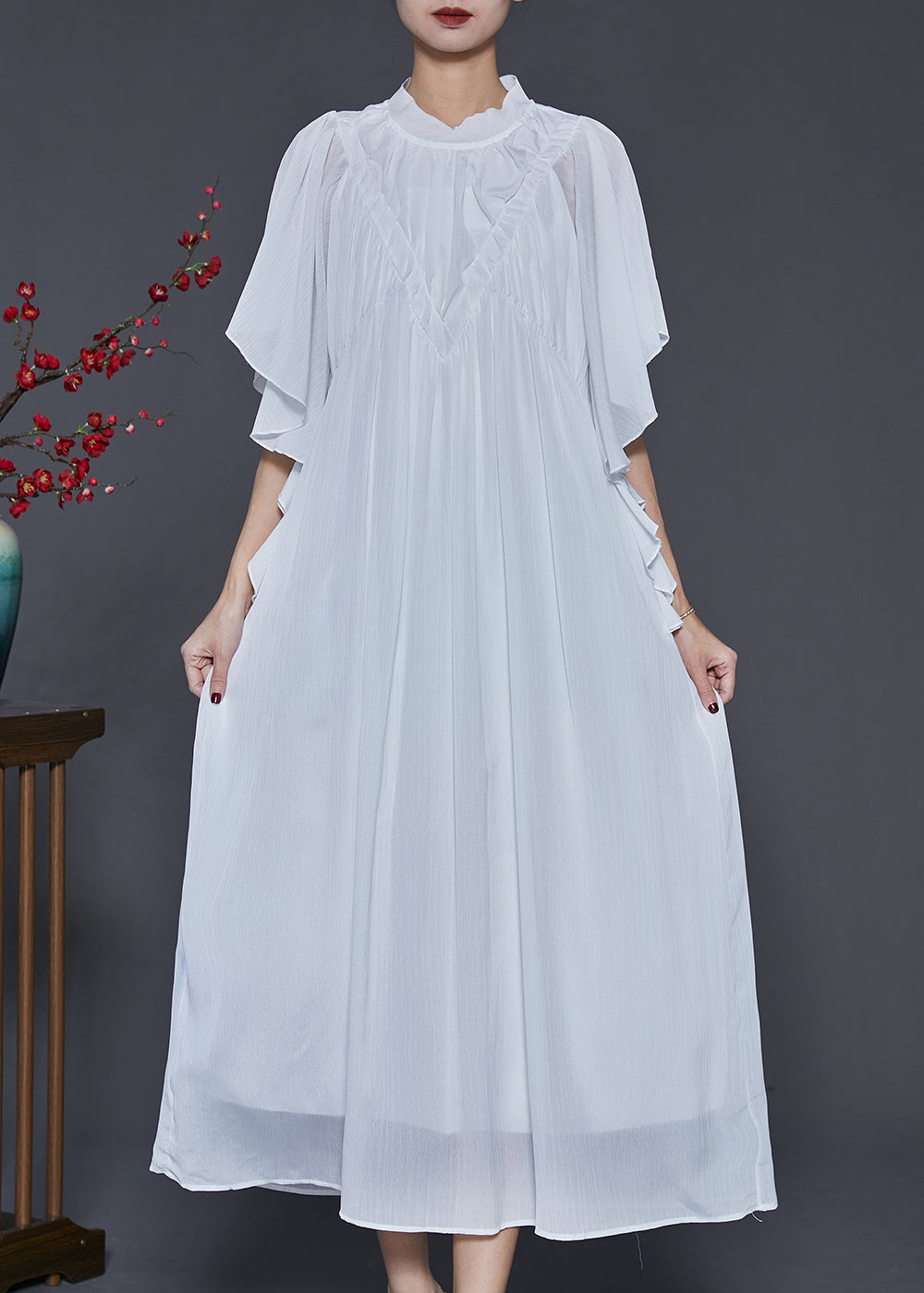 White Wrinkled Chiffon Long Dresses Butterfly Sleeve