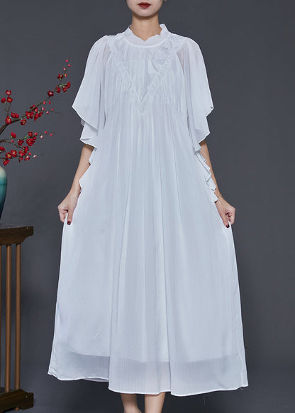 White Wrinkled Chiffon Long Dresses Butterfly Sleeve
