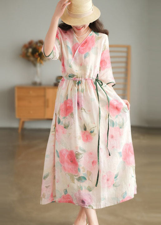 Loose Pink O-neck Print Pocket Linen Long Dress Short Sleeve