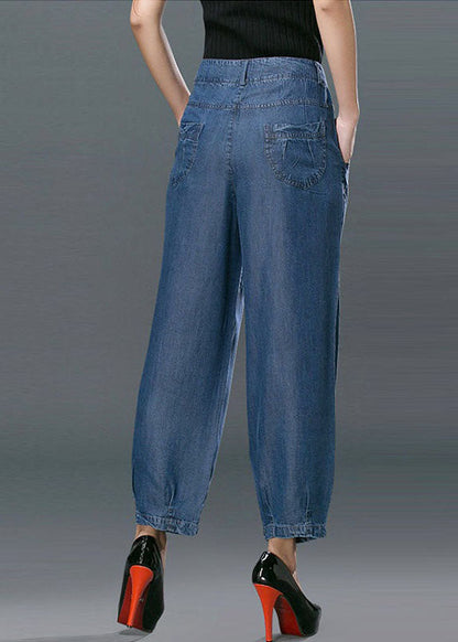Style Denim Blue High Waist Pockets Cotton Crop Pants Summer