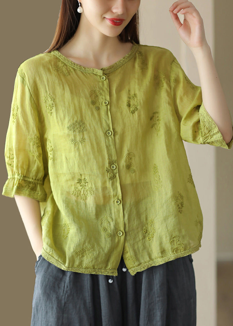 Green O Neck Embroidered Linen Shirt Summer