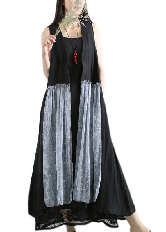Black Print Silk Patchwork Linen Waistcoat and Spaghetti Strap Dress Two Piece Set Summer