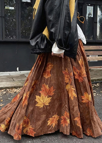 Coffee Leaves Print High Waist Cotton Skirt Fall