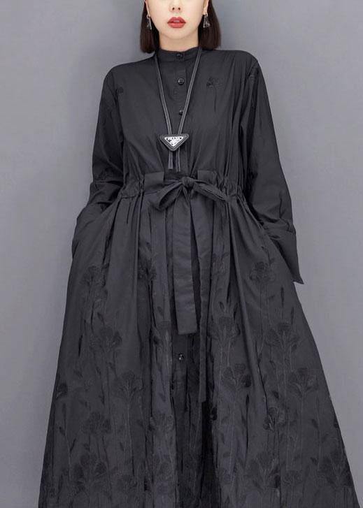 Black O-neck Button Maxi Dresses Fall Long Sleeve
