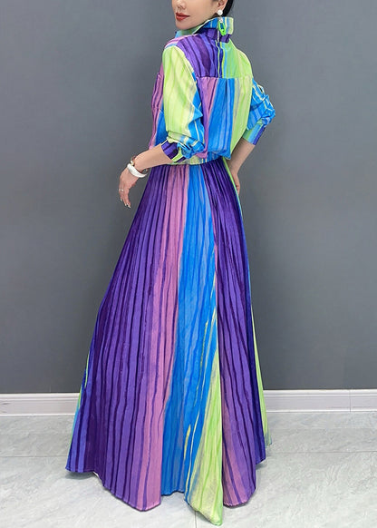 Fine Purple Peter Pan Collar Striped Shirts and Maxi Skirts Two Pieces Set Fall