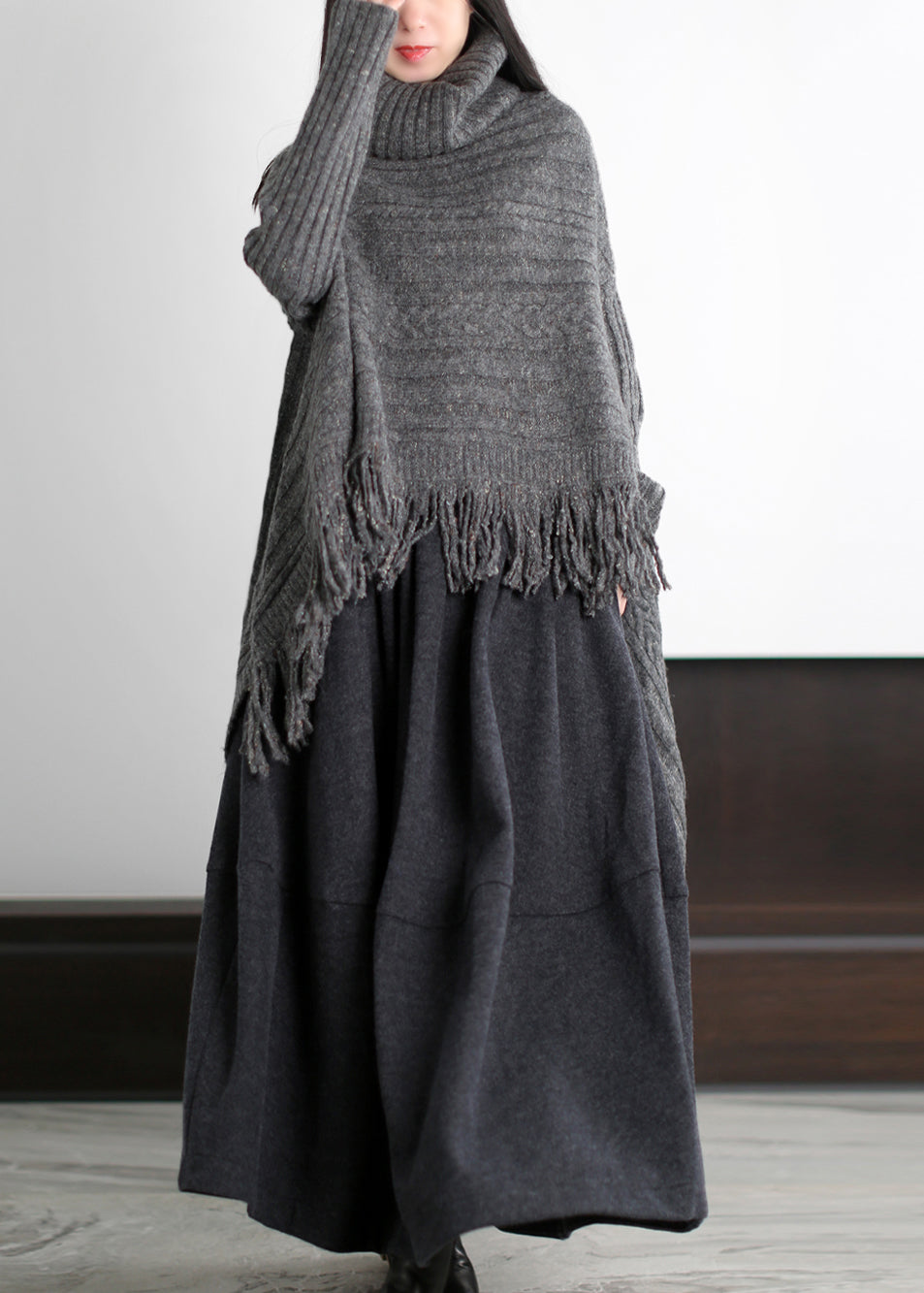 French Grey Turtle Neck Low High Design Knitted Tops Winter