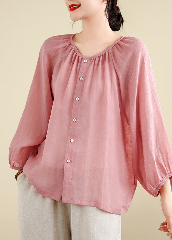 Brief Pink O-neck Tops Puff Sleeve