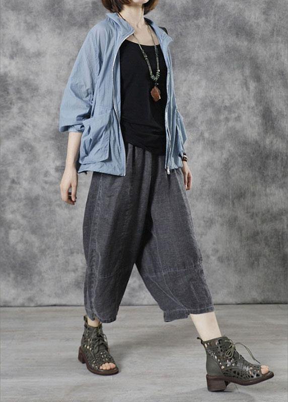 Diy Blue Stand Collar Zippered Fall Long Sleeve Top
