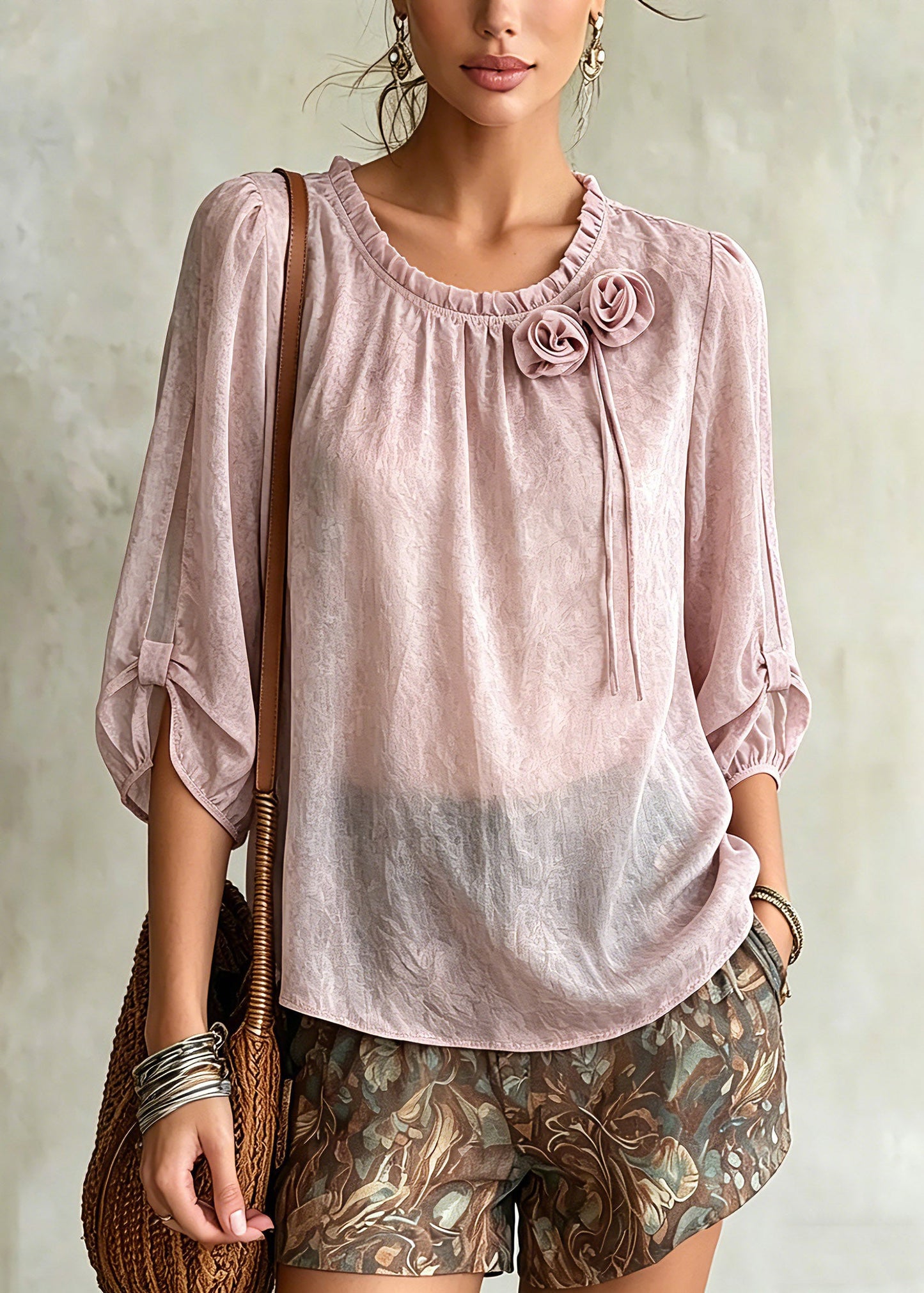Pink Ruffled Patchwork Chiffon Tops Summer