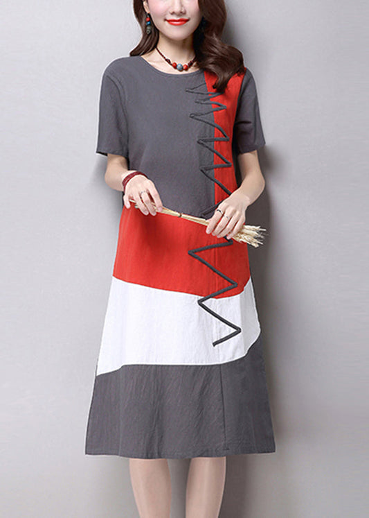 Short Sleeve Splice Loose O-neck Mid Long Dress