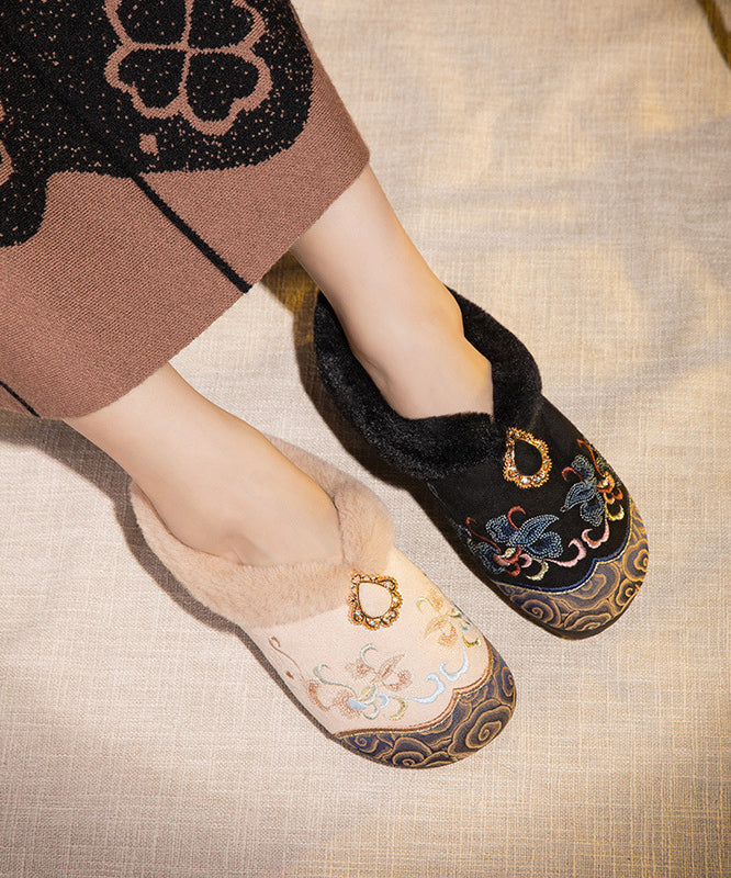 Embroidery Flat Feet Shoes Black Fuzzy Wool Lined
