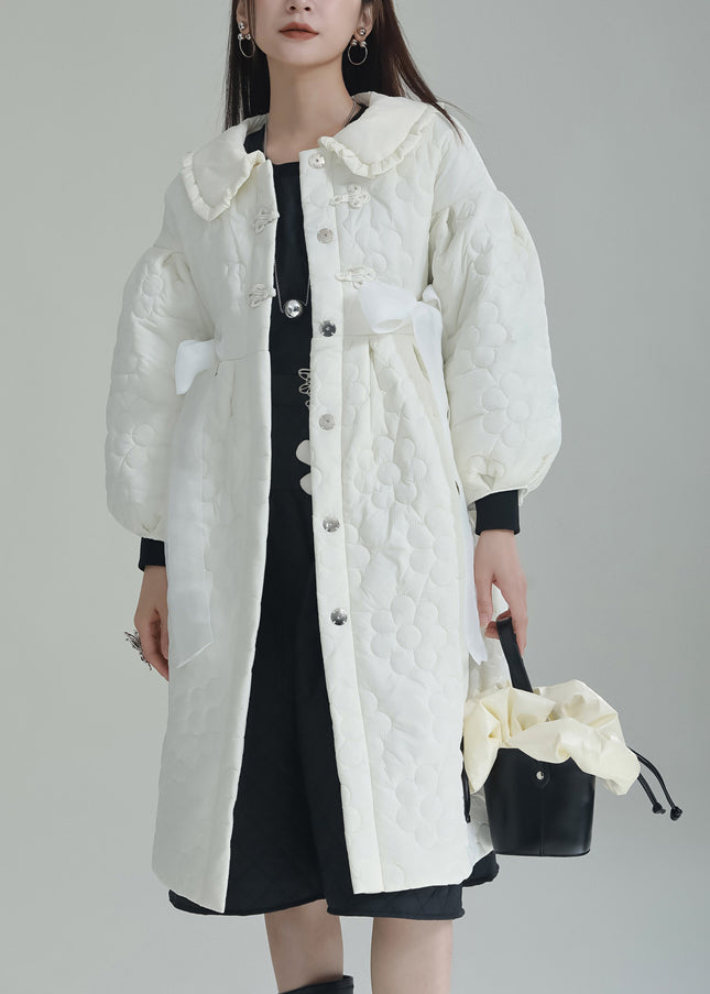 White Peter Pan Collar Pockets Fine Cotton Filled Witner Coat