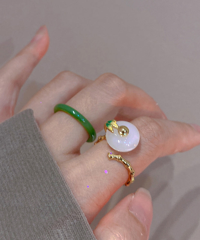 Green and White Jade Bamboo Joint Ping Buckle Rings Two Piece Set