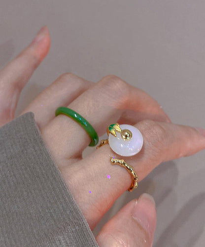 Green and White Jade Bamboo Joint Ping Buckle Rings Two Piece Set